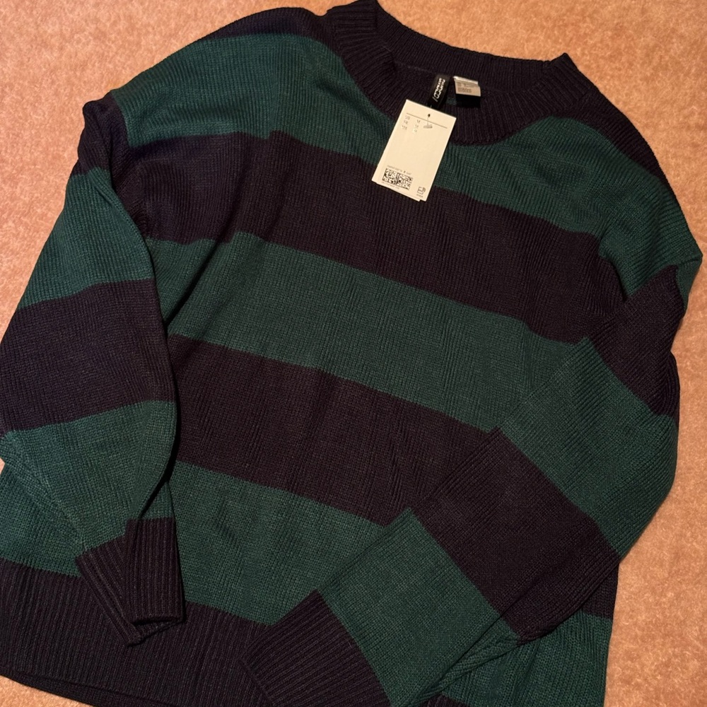 H&M Women's Crewneck Sweater in Green and Black Stripes